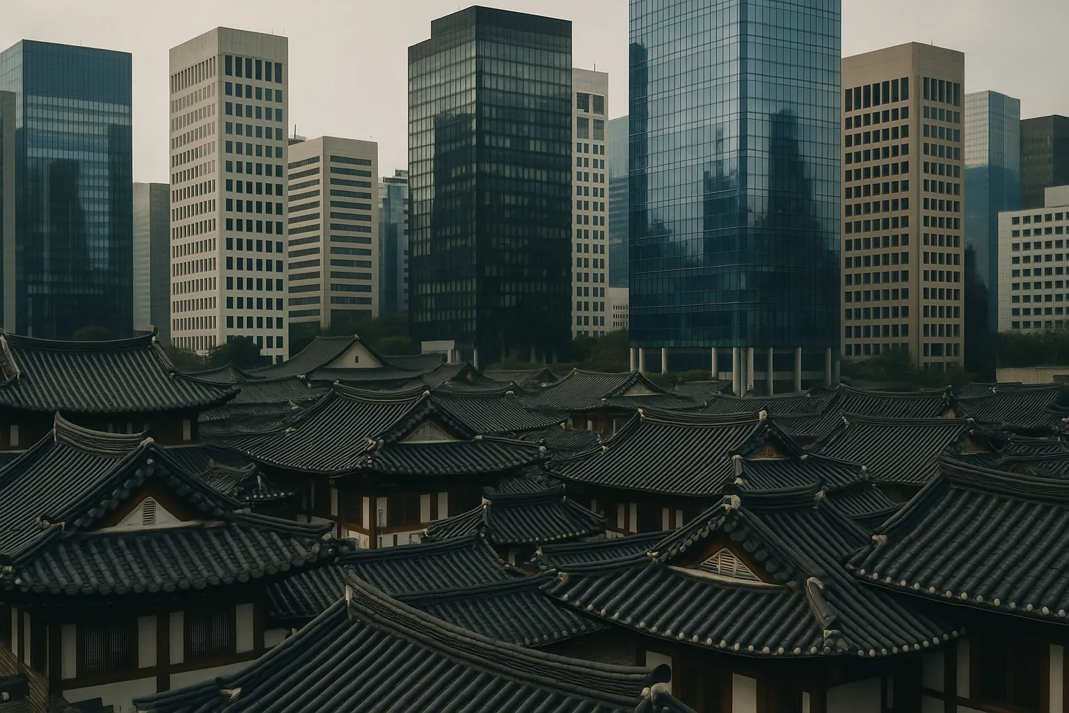 Aerial view of traditional hanok rooftops in central Seoul against modern glass office towers