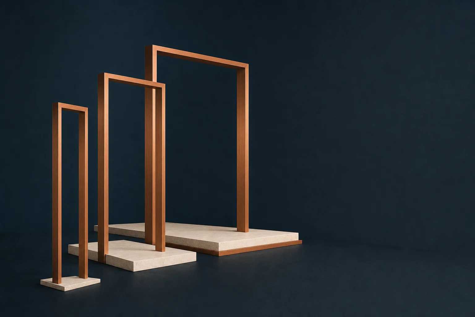 Three empty copper doorframes of increasing width standing on ivory stone thresholds against a navy wall