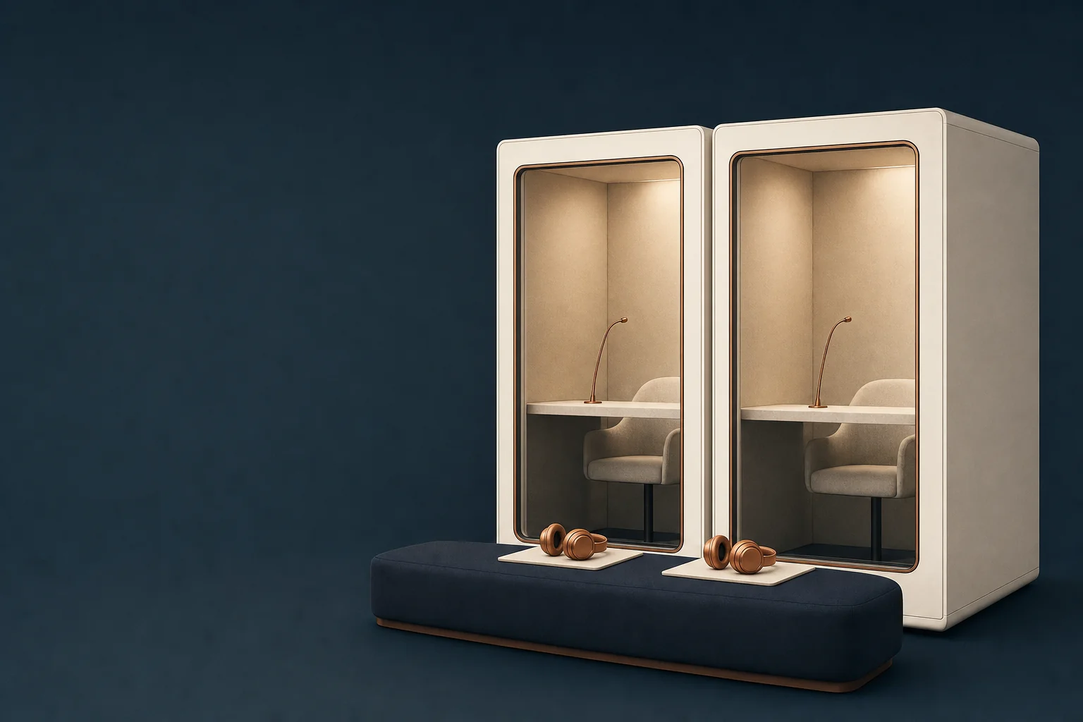 Two side-by-side ivory soundproof booths, each containing a copper gooseneck microphone, a narrow desk and a chair, with two copper headsets resting on ivory pads on a navy bench in front of them.