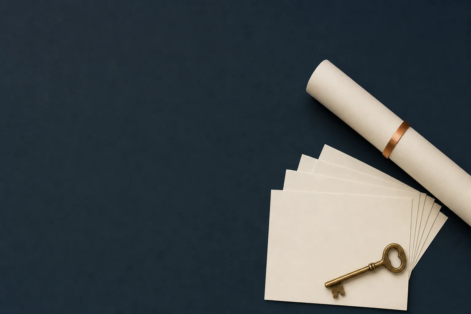 A rolled ivory document banded in copper above a fan of blank ivory slips and a brass key on a navy desk