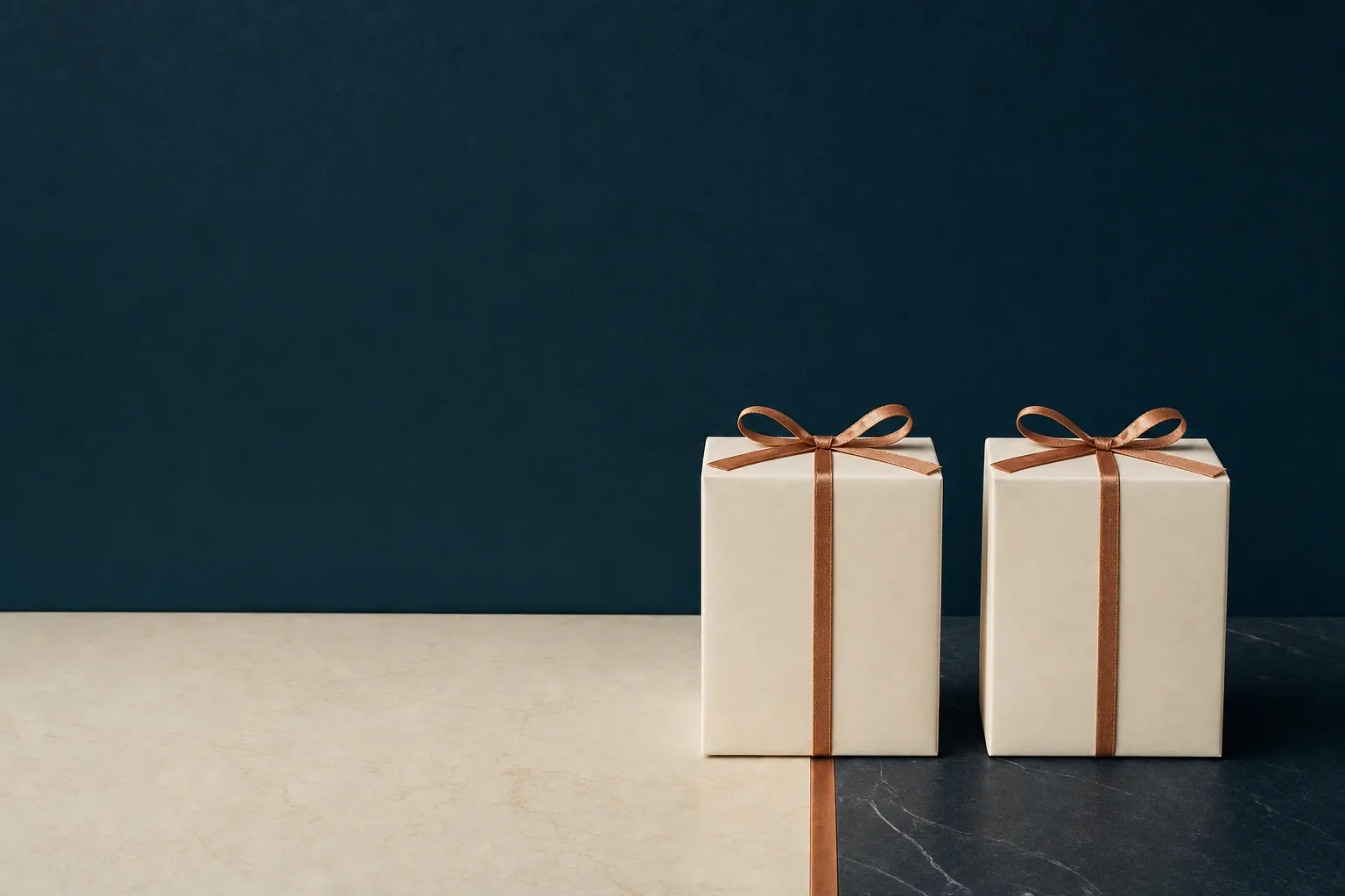 Two identical plain ivory gift parcels tied with copper ribbon standing on a floor that changes from pale ivory stone to dark navy stone along a seam inlaid with copper