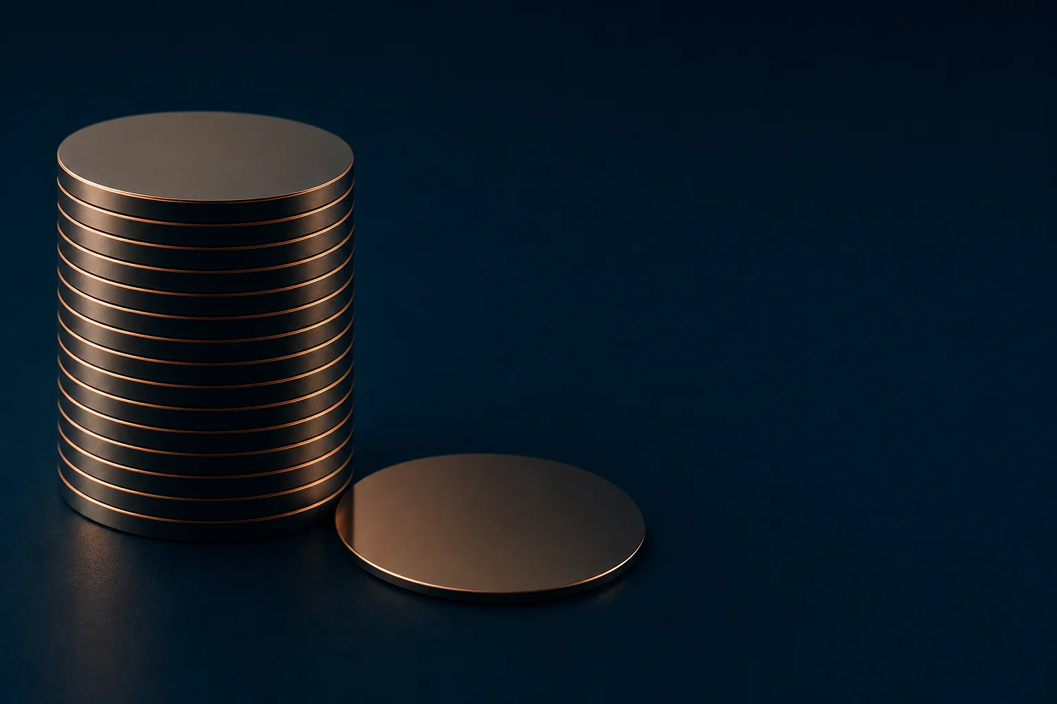 A tall stack of thin round copper discs separated by fine bright lines, beside a single flat disc on a navy surface
