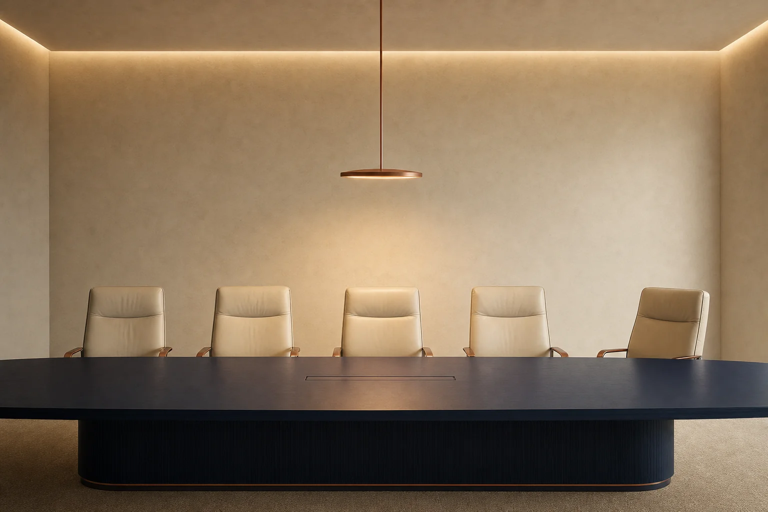 An empty meeting room with five ivory chairs along a long navy conference table under a copper pendant lamp
