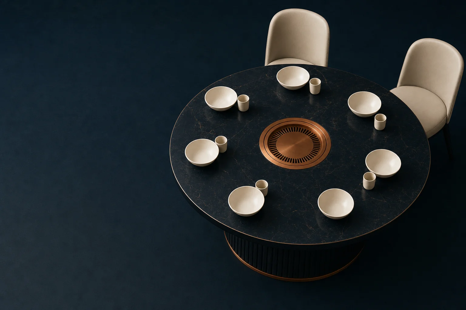 A round navy dining table set with six empty ivory bowls, six plain cups and a central copper grill plate, with two chairs pushed back