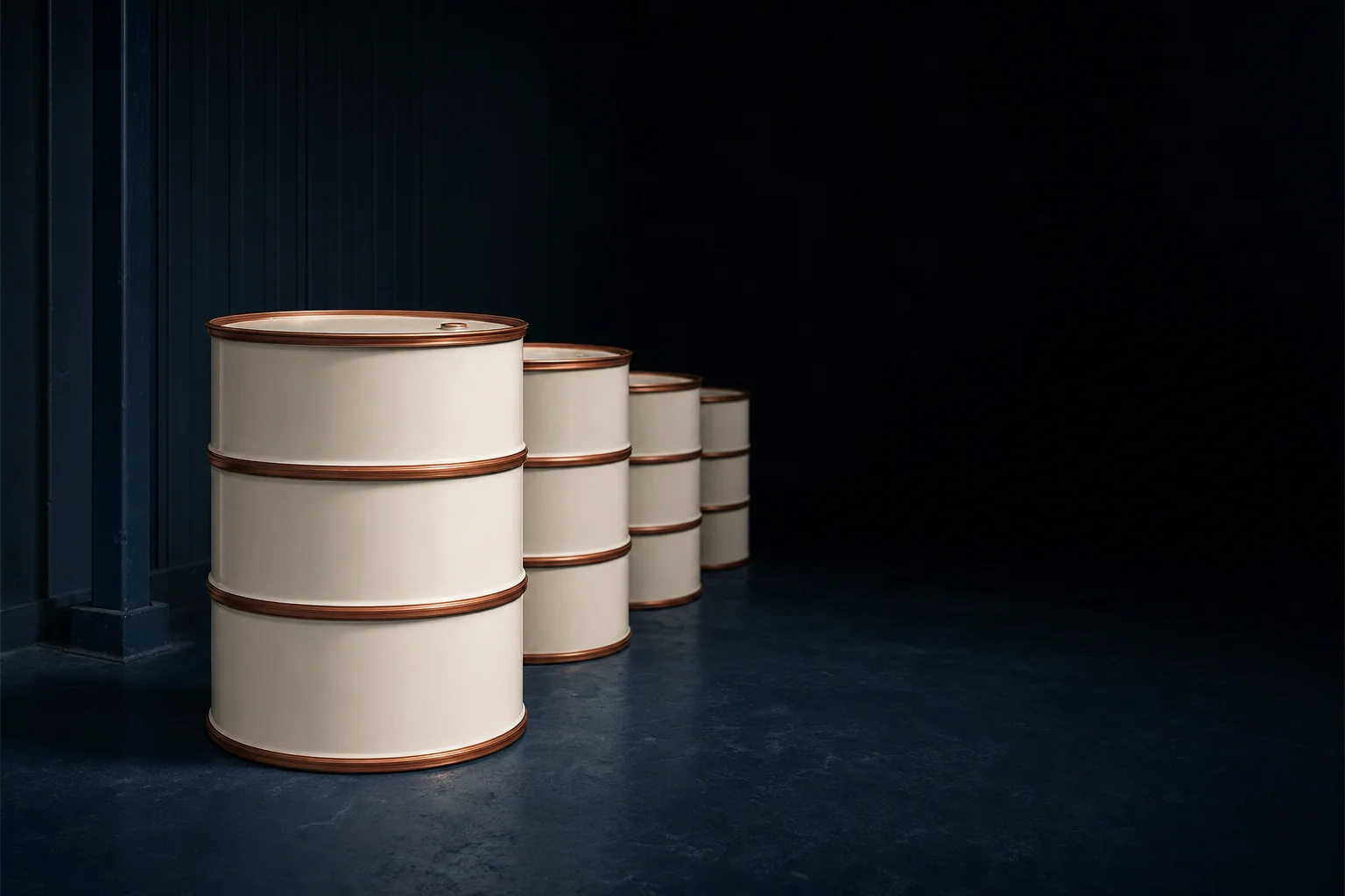 A row of sealed ivory chemical drums with copper banding on a navy warehouse floor