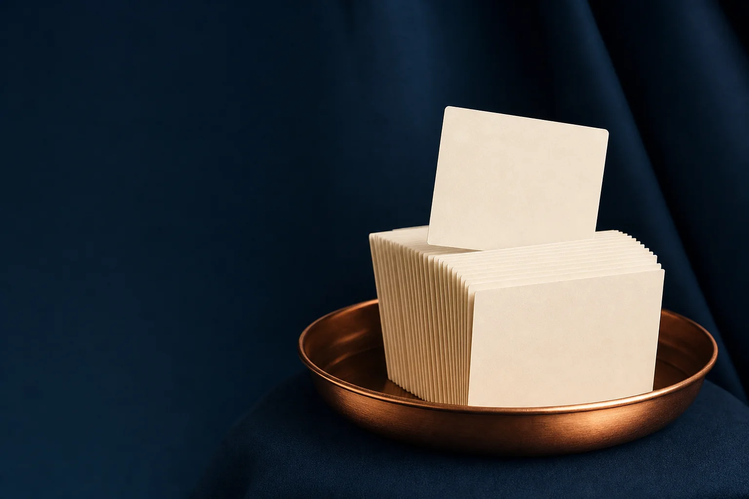 A fan of blank ivory message cards standing in a copper tray, one lifted above the rest