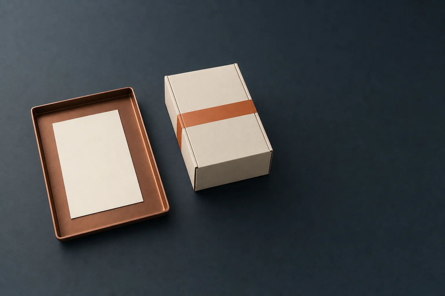 A blank ivory card lying in a shallow copper tray beside a sealed unmarked ivory shipping carton on a dark navy tabletop