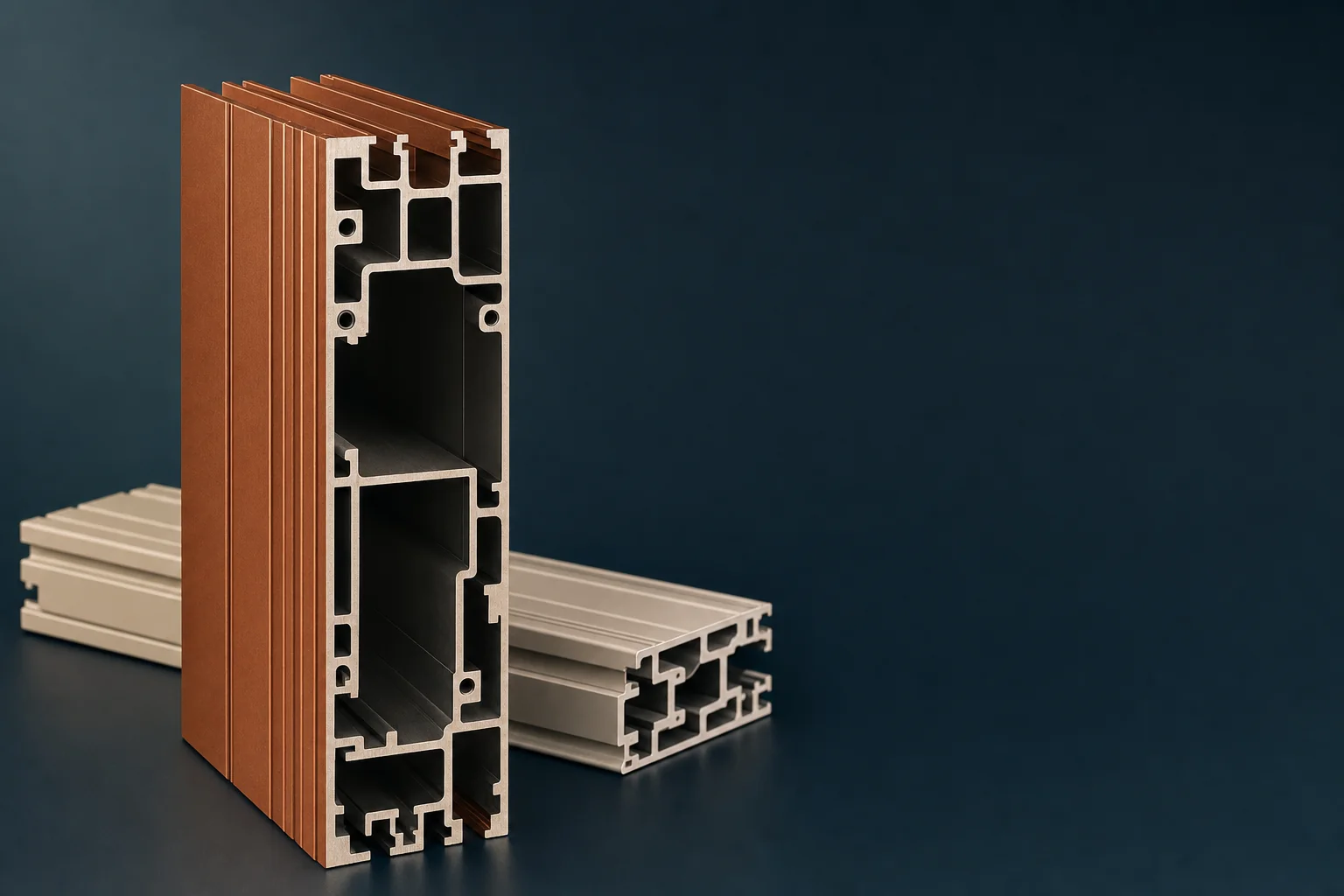 A multi-chamber extruded aluminum profile standing on its cut end beside a flat profile, showing internal webs and screw ports