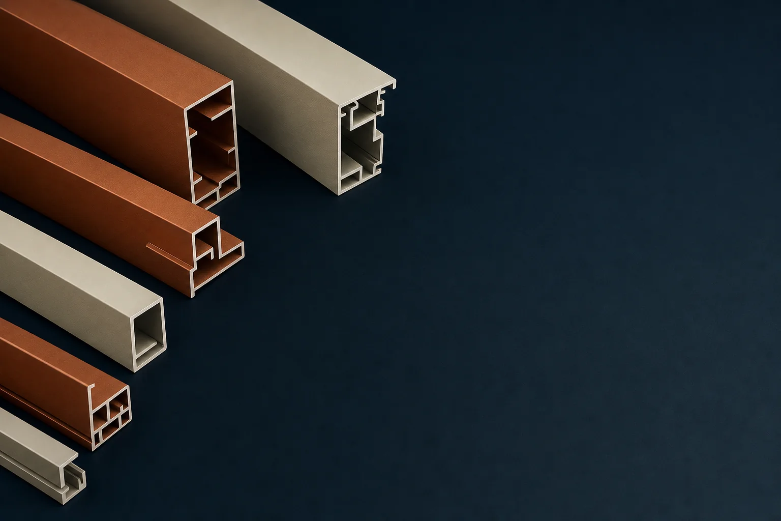 Cut lengths of extruded aluminum profile in copper and ivory anodized finishes, arranged end on to show their hollow chambers.