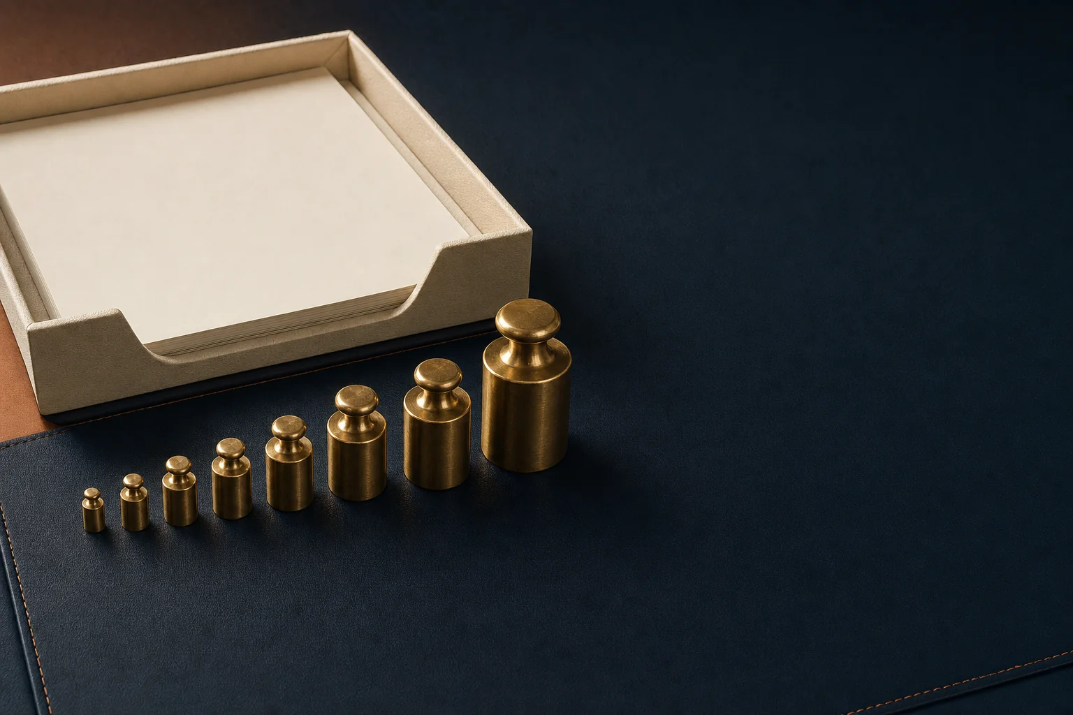 A row of graduated solid brass calibration weights arranged on a navy leather desk mat
