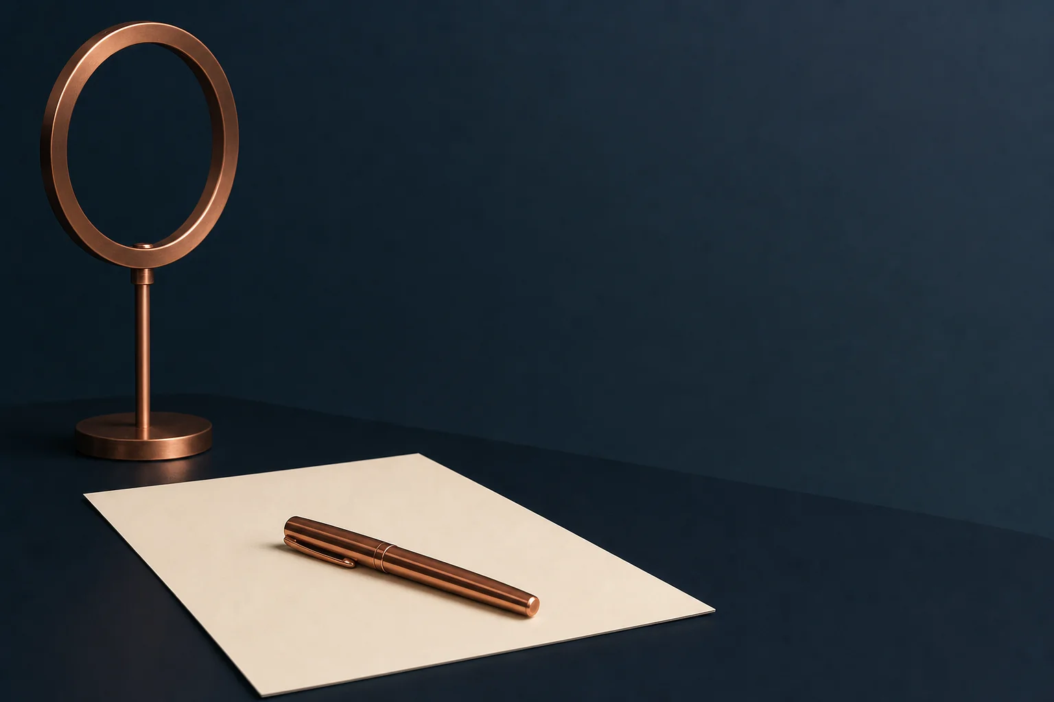 A blank ivory contract sheet on a navy desk with a copper pen across it and an unlit copper ring light behind