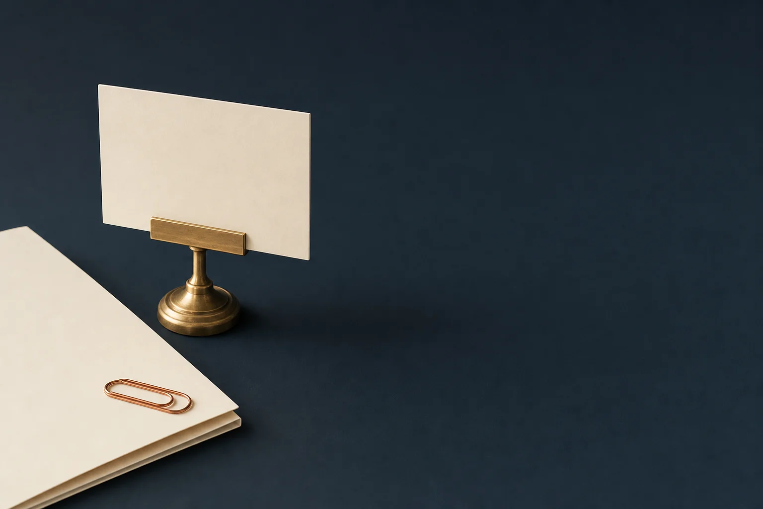 A brass desk stand holding a single blank ivory card beside a closed ivory folder with a copper paper clip
