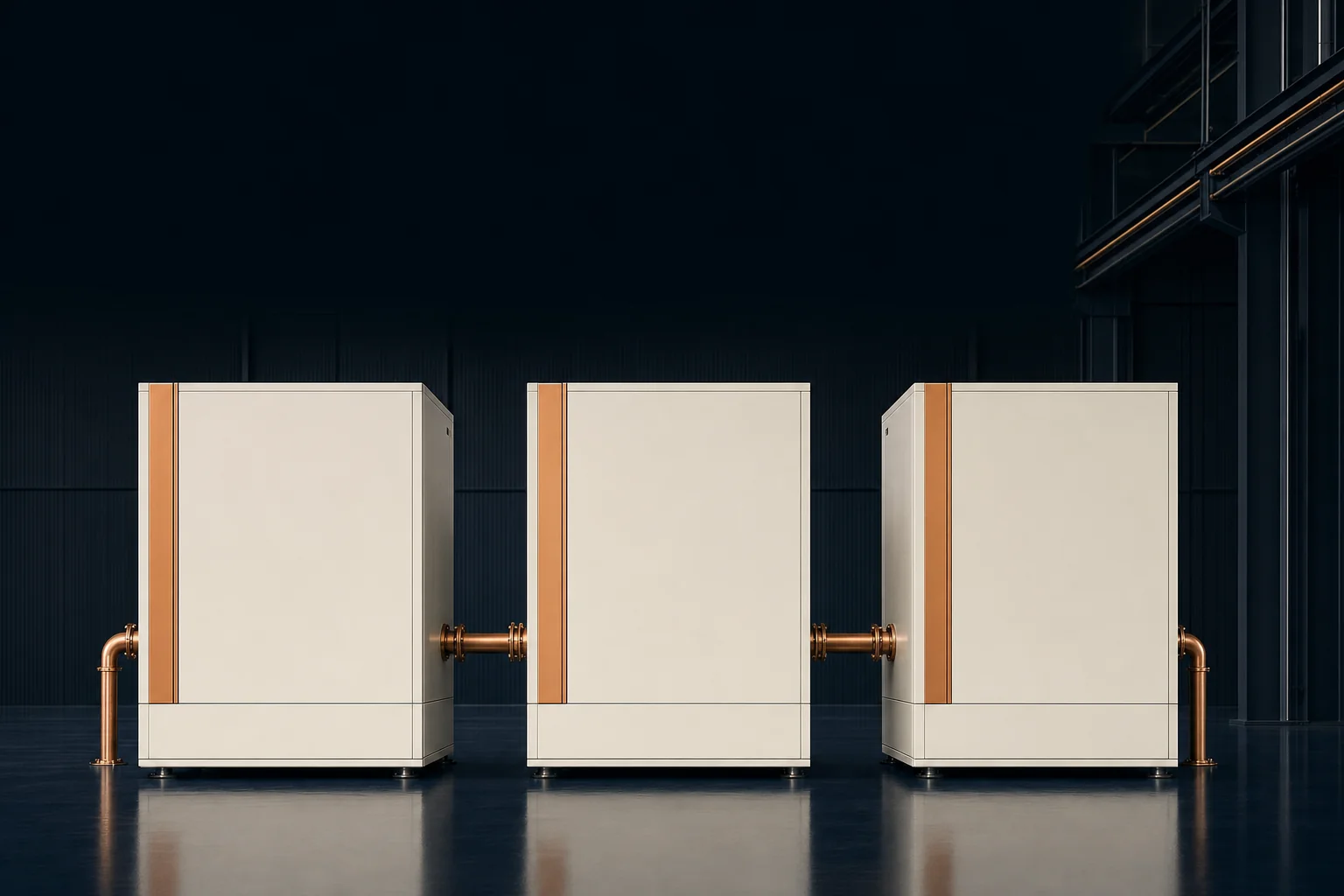 A row of unmarked ivory equipment modules with copper fittings on a dark fab floor