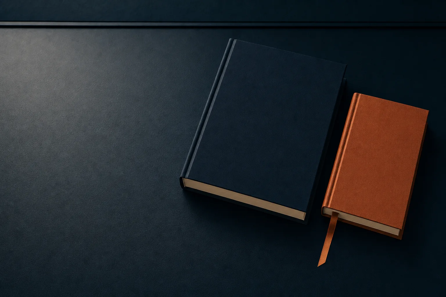 Two blank hardbound ledgers of different thickness lying on a navy leather desktop, the smaller bound in copper cloth