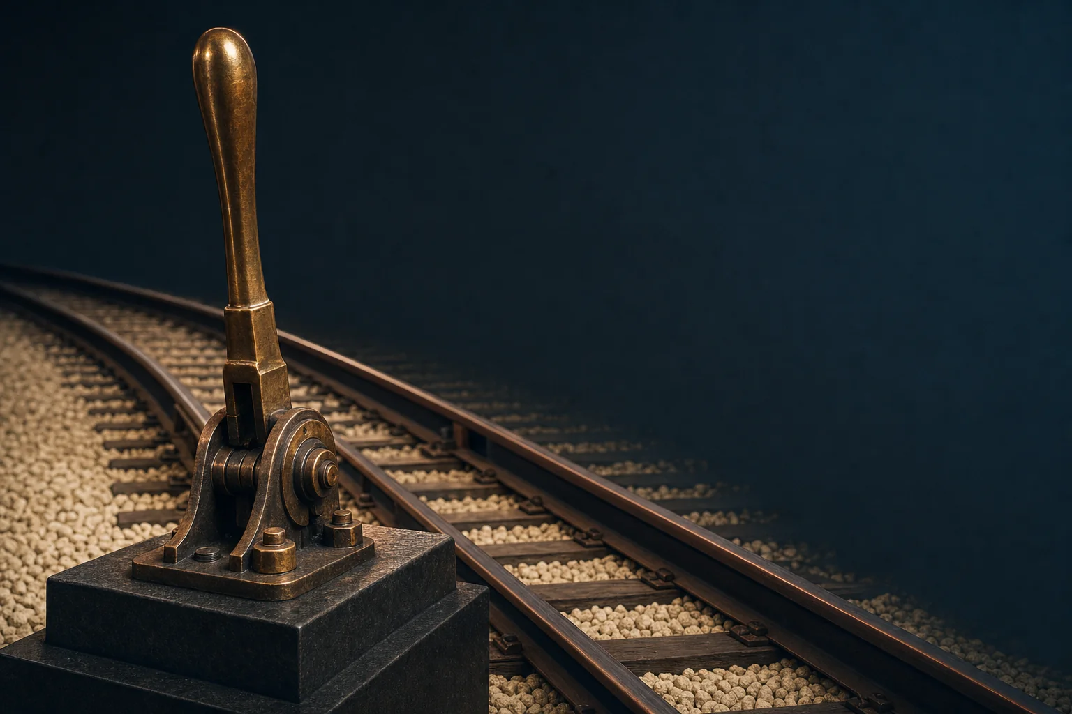 A brass railway points lever on a stone plinth beside two steel rails diverging over pale ballast