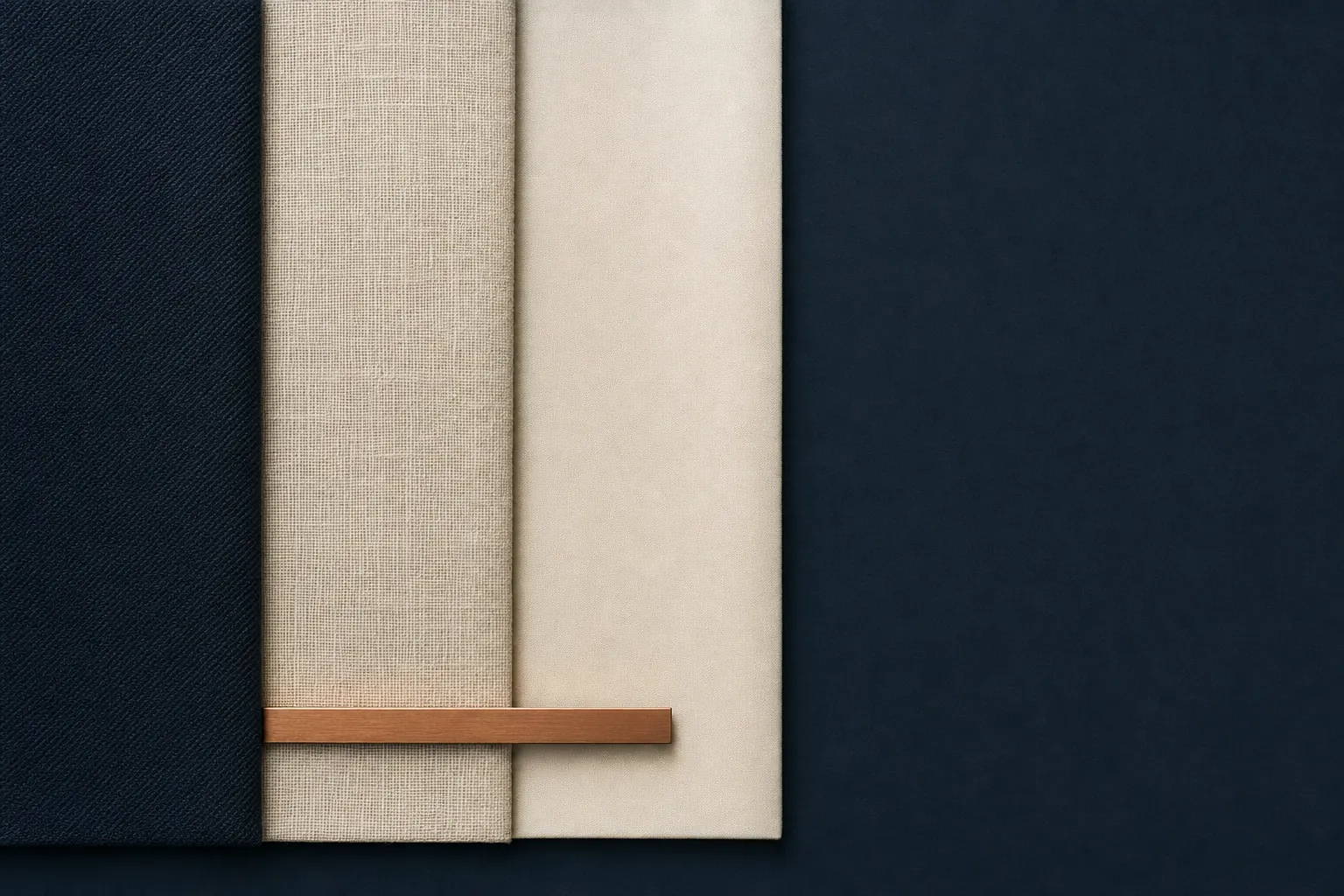Three cloth panels laid side by side on a dark navy surface, a navy twill at left, an open-weave ivory linen in the middle and a smooth pale ivory sheet at right, with a brushed copper bar across their lower edges.