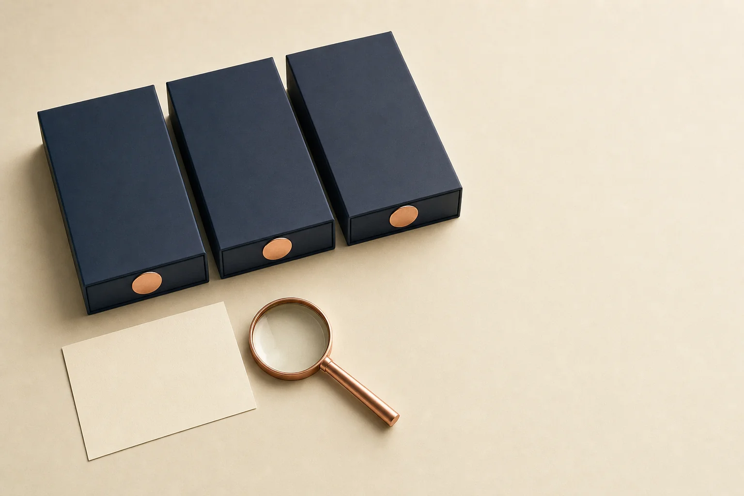 Three identical unbranded navy product boxes with blank copper seals beside a blank ivory card and a copper magnifying loupe on ivory paper
