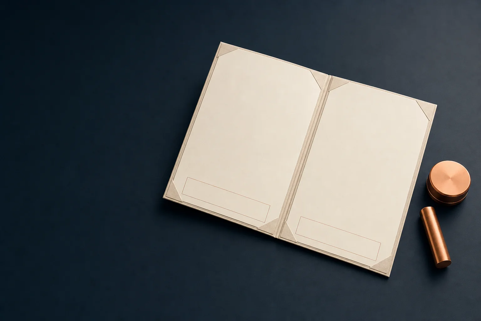 A blank ivory contract folio open on a navy desk beside a plain copper seal case and a pair of unmarked signature blocks