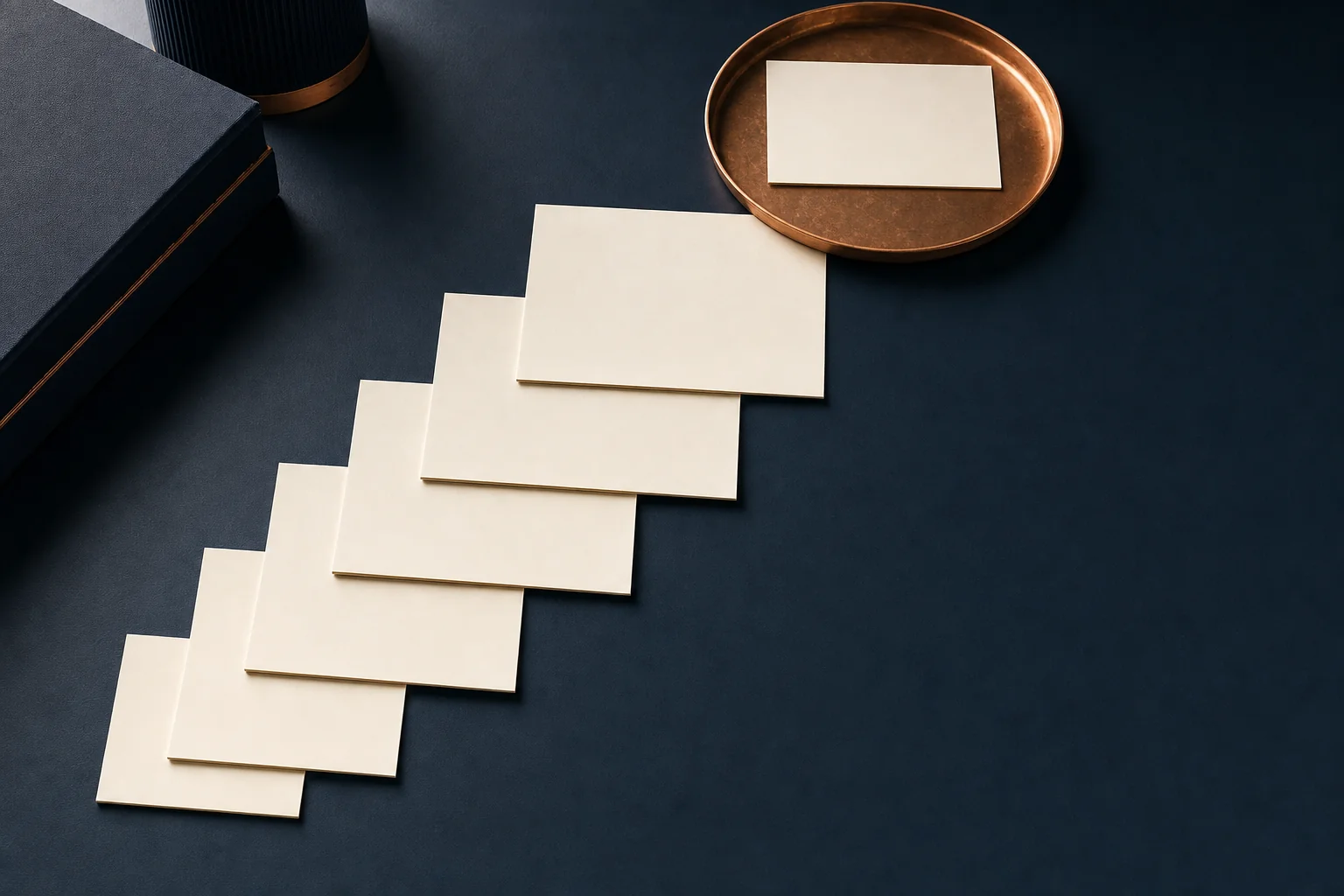 Six blank ivory cards laid out in a rising stepped diagonal on a navy desk, ending at a copper tray holding a seventh card