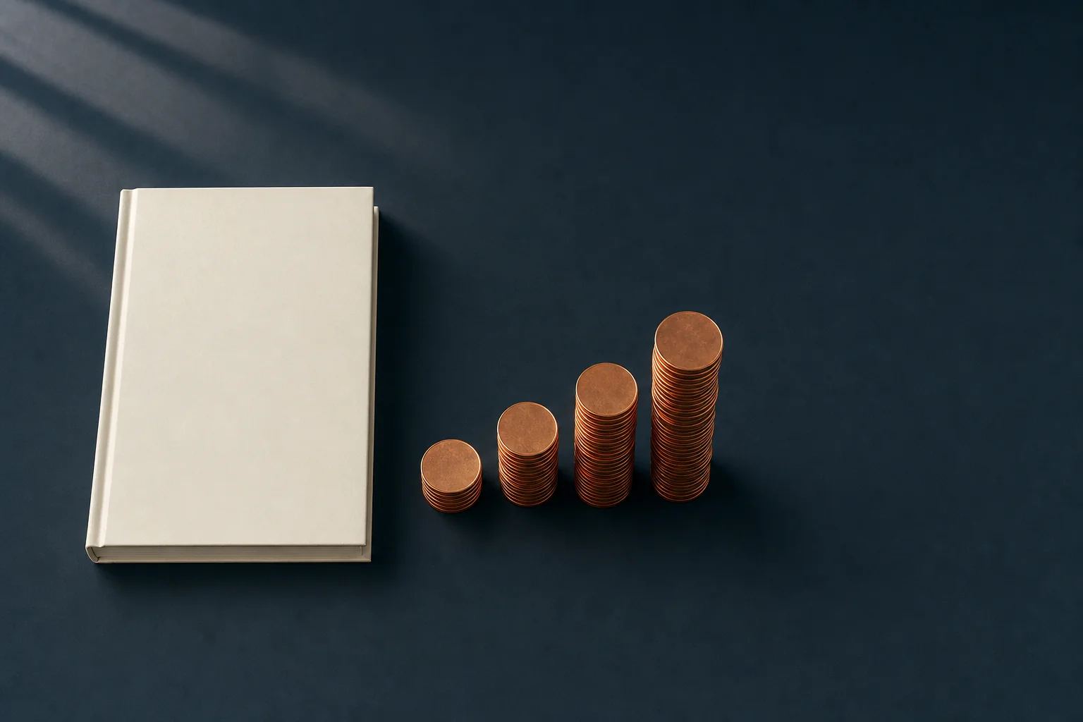 A closed ivory ledger on a navy desk beside four copper discs stacked in columns of rising height
