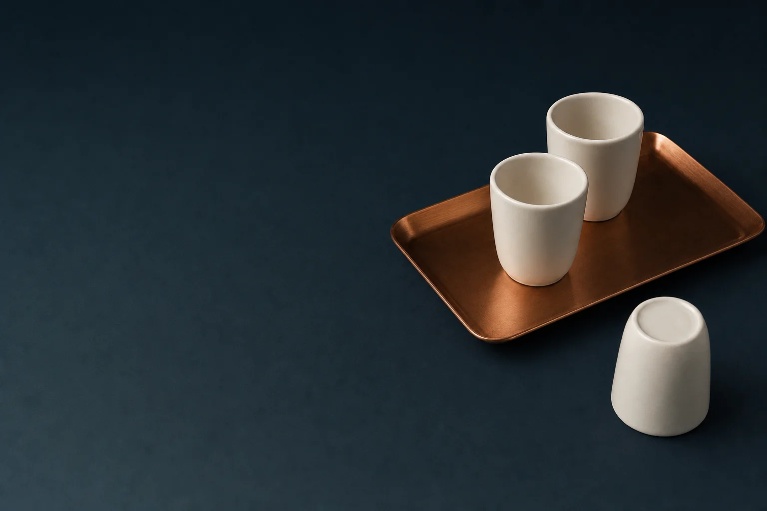 Two plain ivory ceramic cups standing on a polished copper tray on a dark navy table, with a third identical cup resting upside down on the bare surface beside the tray