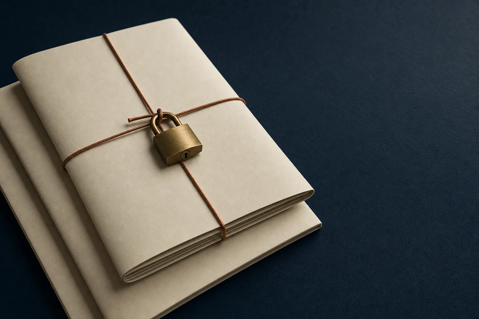 A brass padlock securing a plain ivory document folder tied with a copper cord on a navy surface
