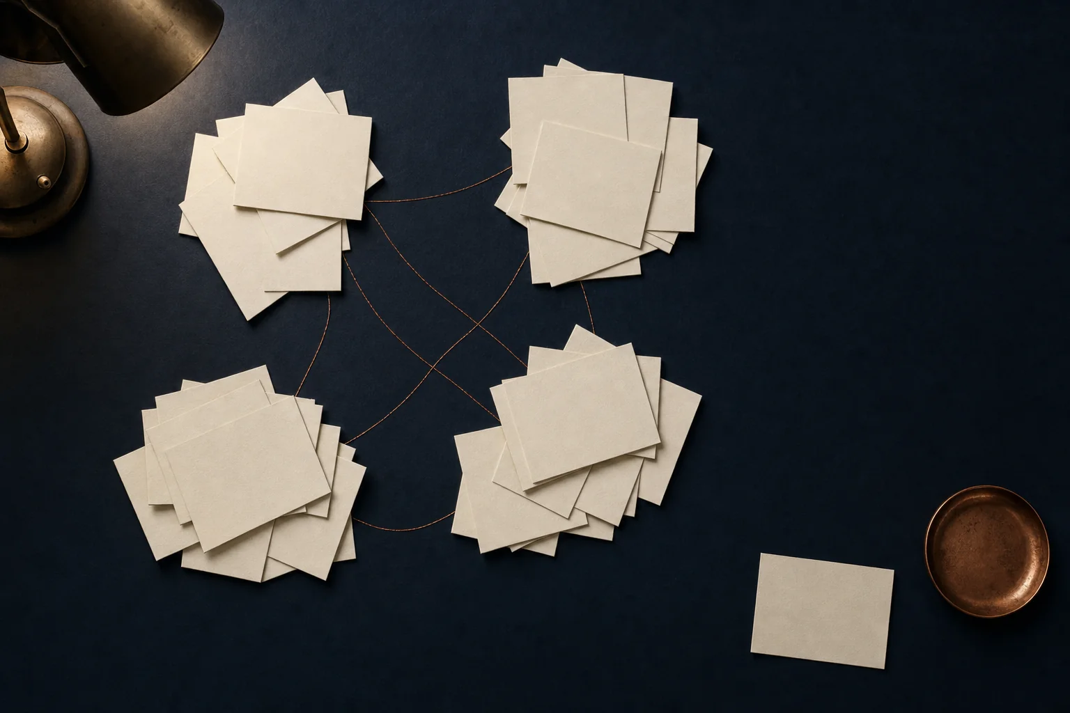Blank ivory note cards grouped into four clusters on a navy desk, linked by fine copper threads, with one card set apart