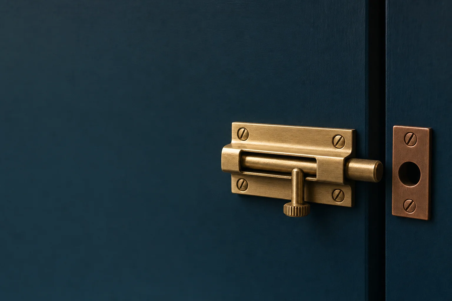 A brass sliding bolt latch drawn part way open toward its copper strike plate on a navy panel