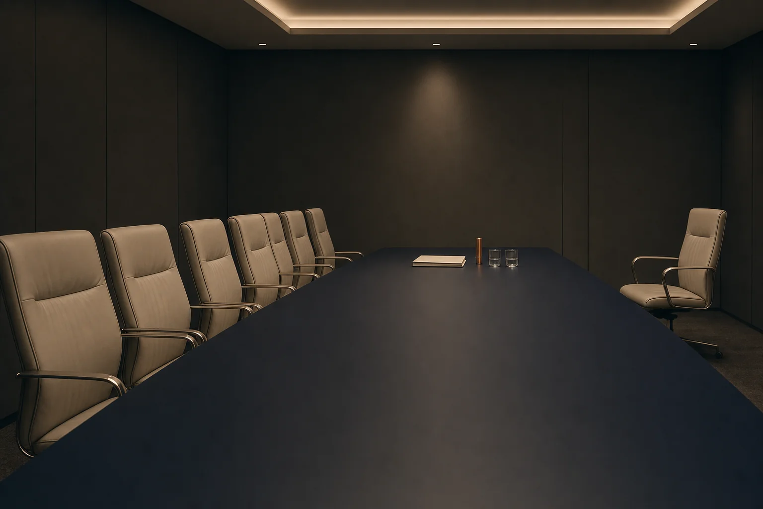 An empty boardroom with six ivory chairs ranked along one side of a long navy table and a single chair set apart on the opposite side, illustrating the seating imbalance in negotiations with Korean companies