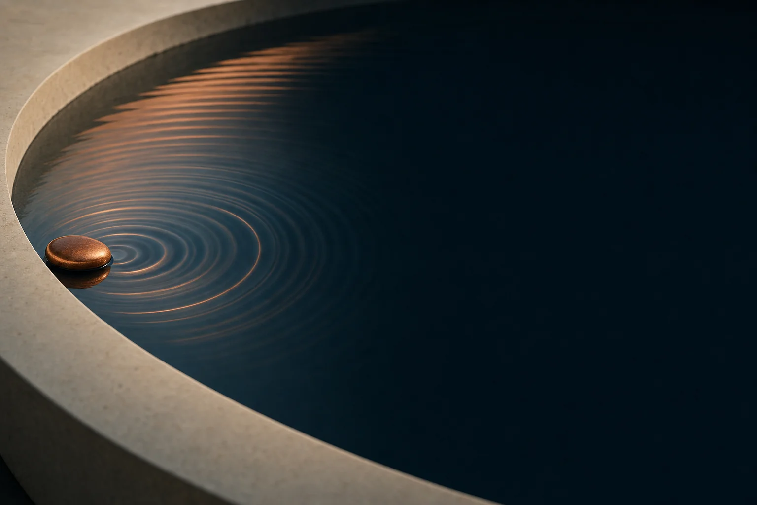 A copper stone resting at the edge of a still navy pool in an ivory stone basin, with faint ripples spreading across the water.
