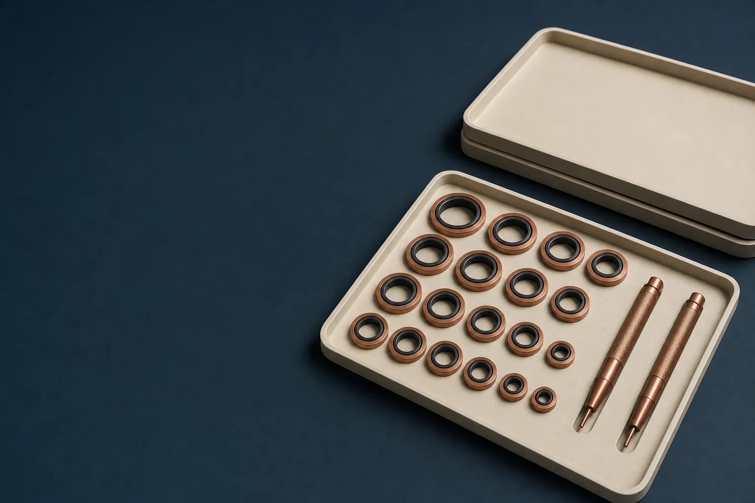 An ivory parts tray holding graded copper sealing rings and two precision drivers