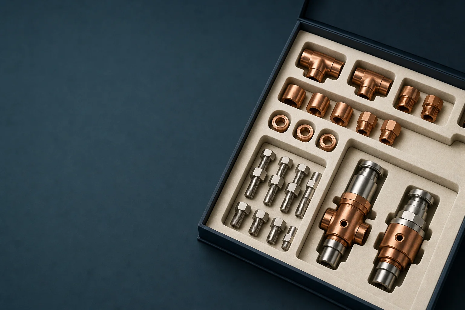 An open spare parts tray holding copper fittings, stainless fasteners, and machined valve components in foam cutouts
