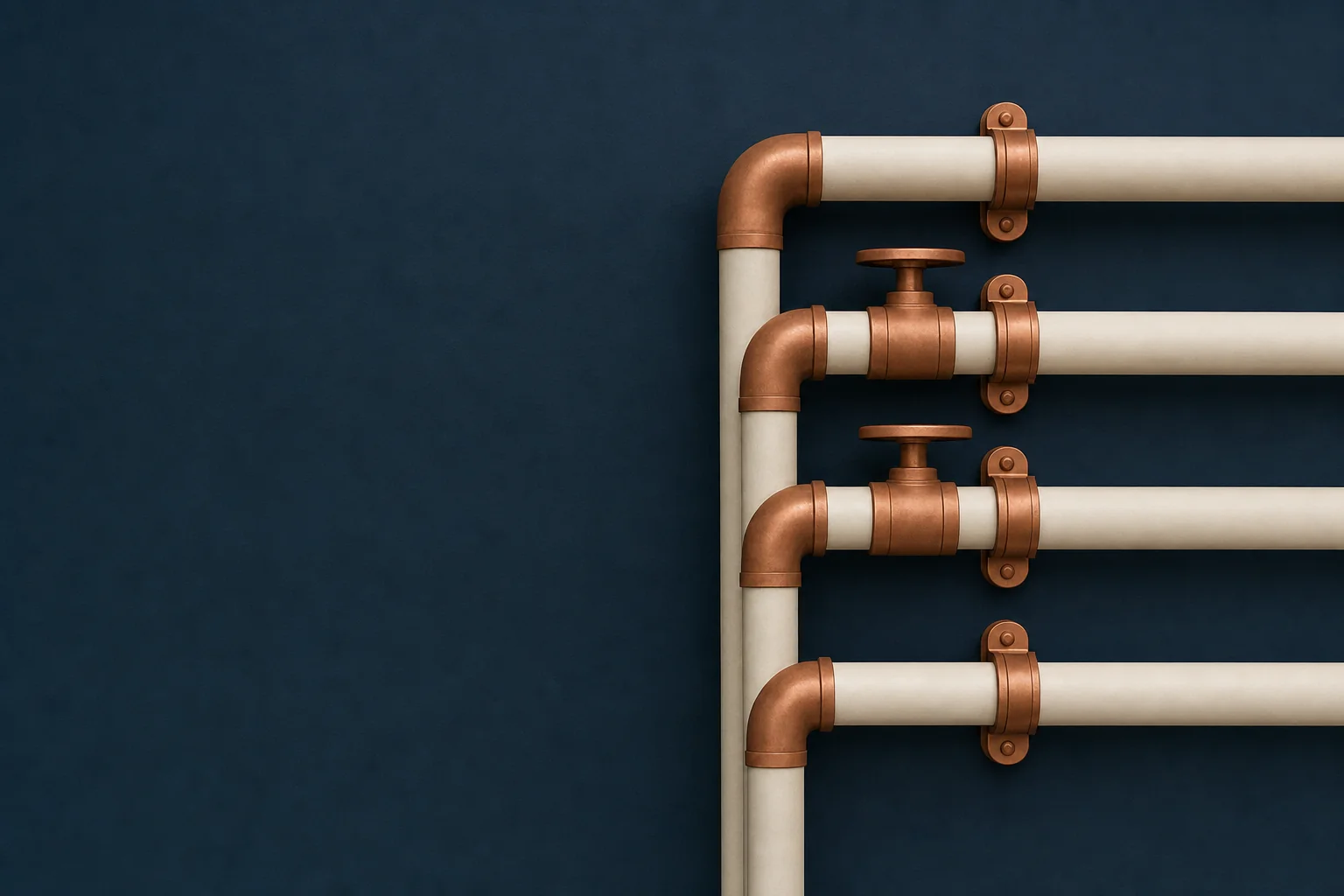 Parallel ivory process pipe runs joined by copper elbows, clamps and hand valves against a plain navy wall