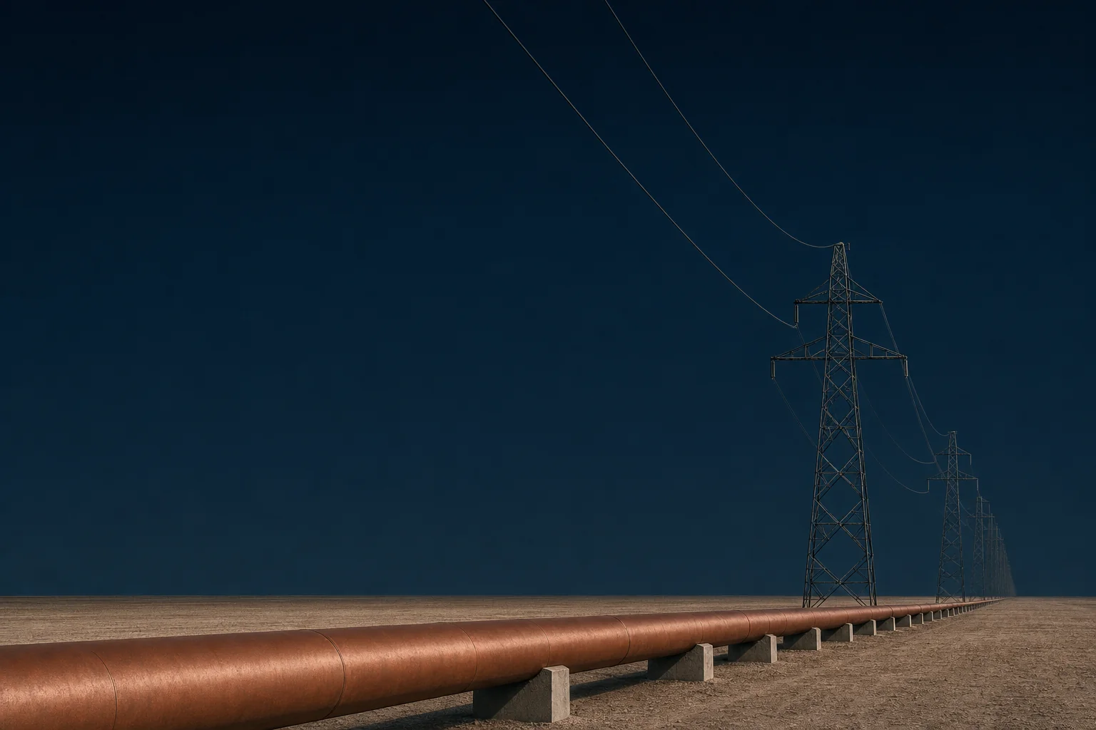 A copper pipeline on concrete cradles running parallel to a receding line of steel transmission pylons across bare graded ground
